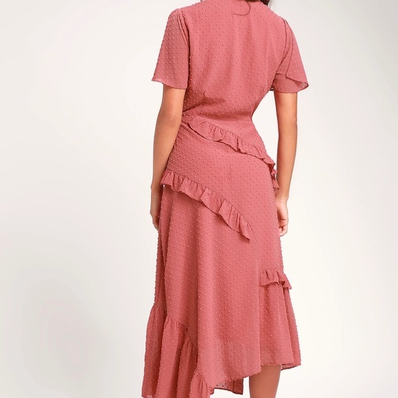 Next to You Rusty Rose Swiss Dot Ruffled Midi Dress - Picture 3 of 13